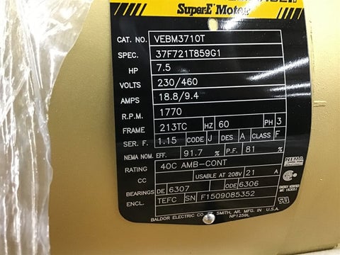 7.5 HP 1800 RPM Baldor VEBM3710T, Frame 213TC, TEFC, w/brake, 4P, new surplus, 230/460 Volts - Image 2