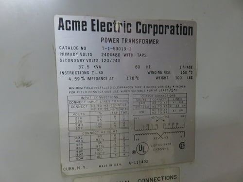 37.5 KVA 240x480 Primary, 120/240 Secondary, Acme T-1-53019-3, transformer, with taps, 1 yr warranty - Image 4