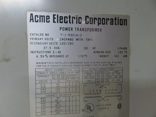 37.5 KVA 240x480 Primary, 120/240 Secondary, Acme T-1-53019-3, transformer, with taps, 1 yr warranty - Image 5