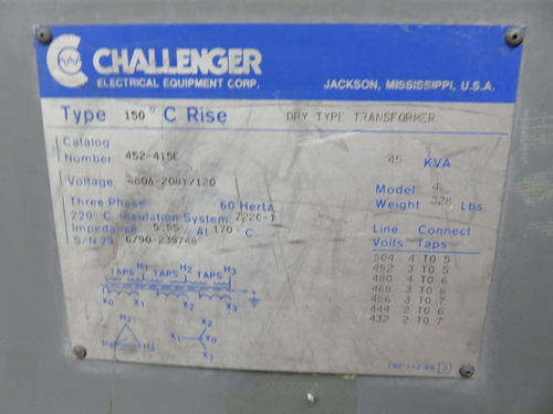 45 KVA 480 Delta Primary, 208Y/120 Secondary, Challenger 452-415E, transformer, 1 yr warranty - Image 8