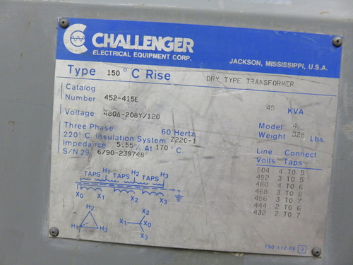 45 KVA 480 Delta Primary, 208Y/120 Secondary, Challenger 452-415E, transformer, 1 yr warranty - Image 9