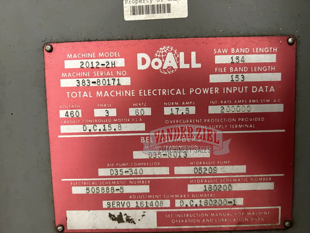 20" DoAll #2012-2H, vertical band saw, 154" blade, #16645 - Image 8