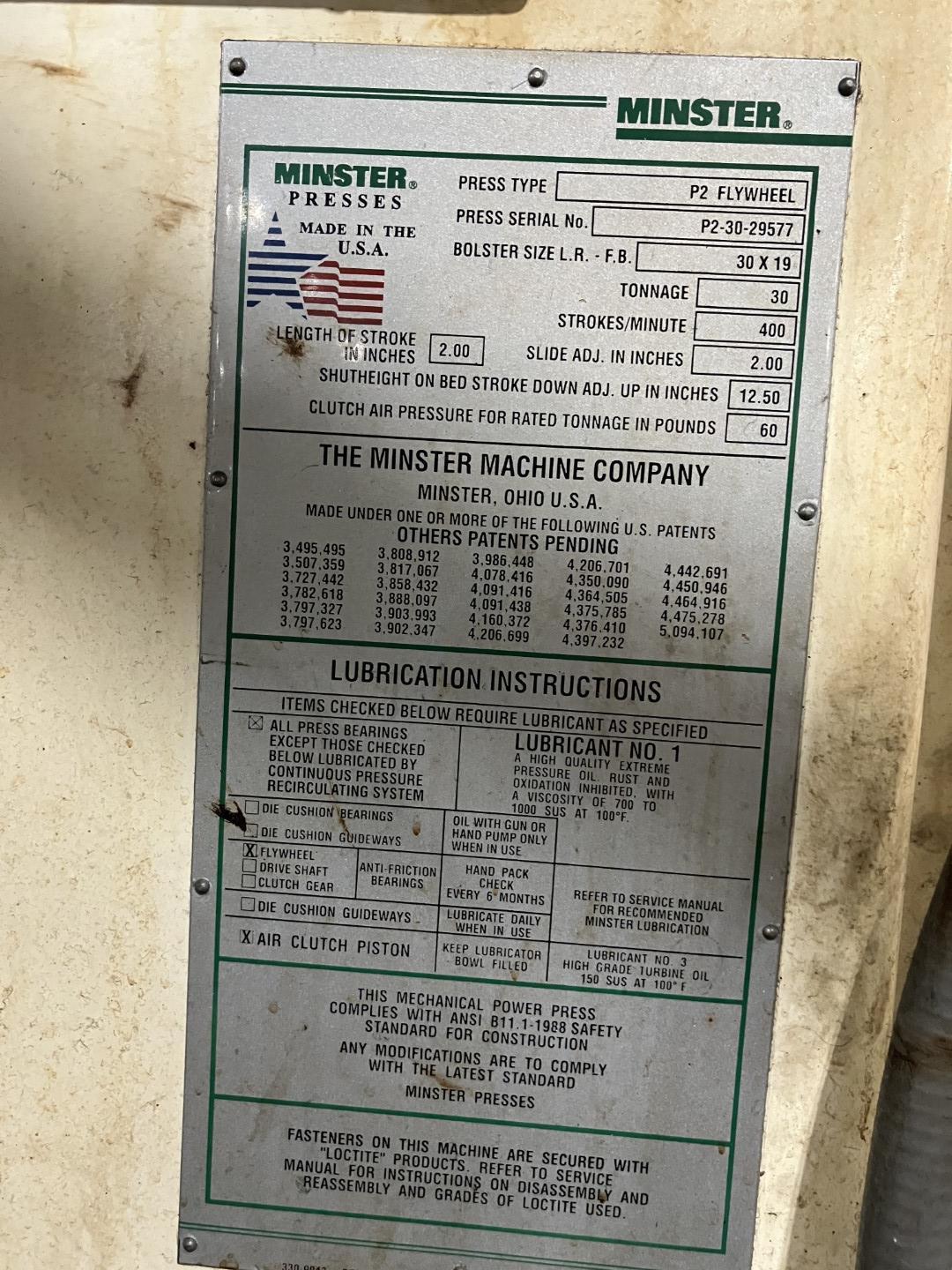 30 Ton, Minster Piecemaker #P2-30-30, straight side double crank press, 2" stroke, 7.5" window, 400 SPM, 19" - Image 4