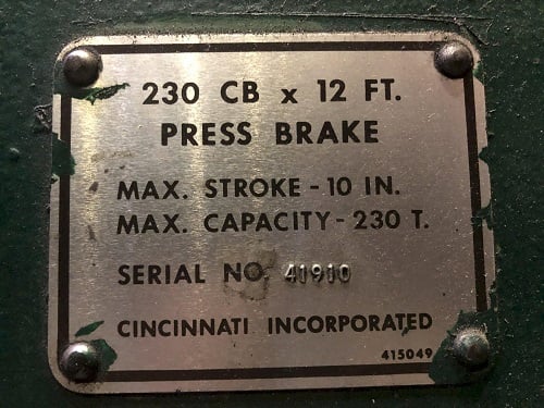 230 Ton, Cincinnati #230CBX12, hydraulic press brake, 14' overall, 150" between housing, 10" stroke, 35 HP - Image 3
