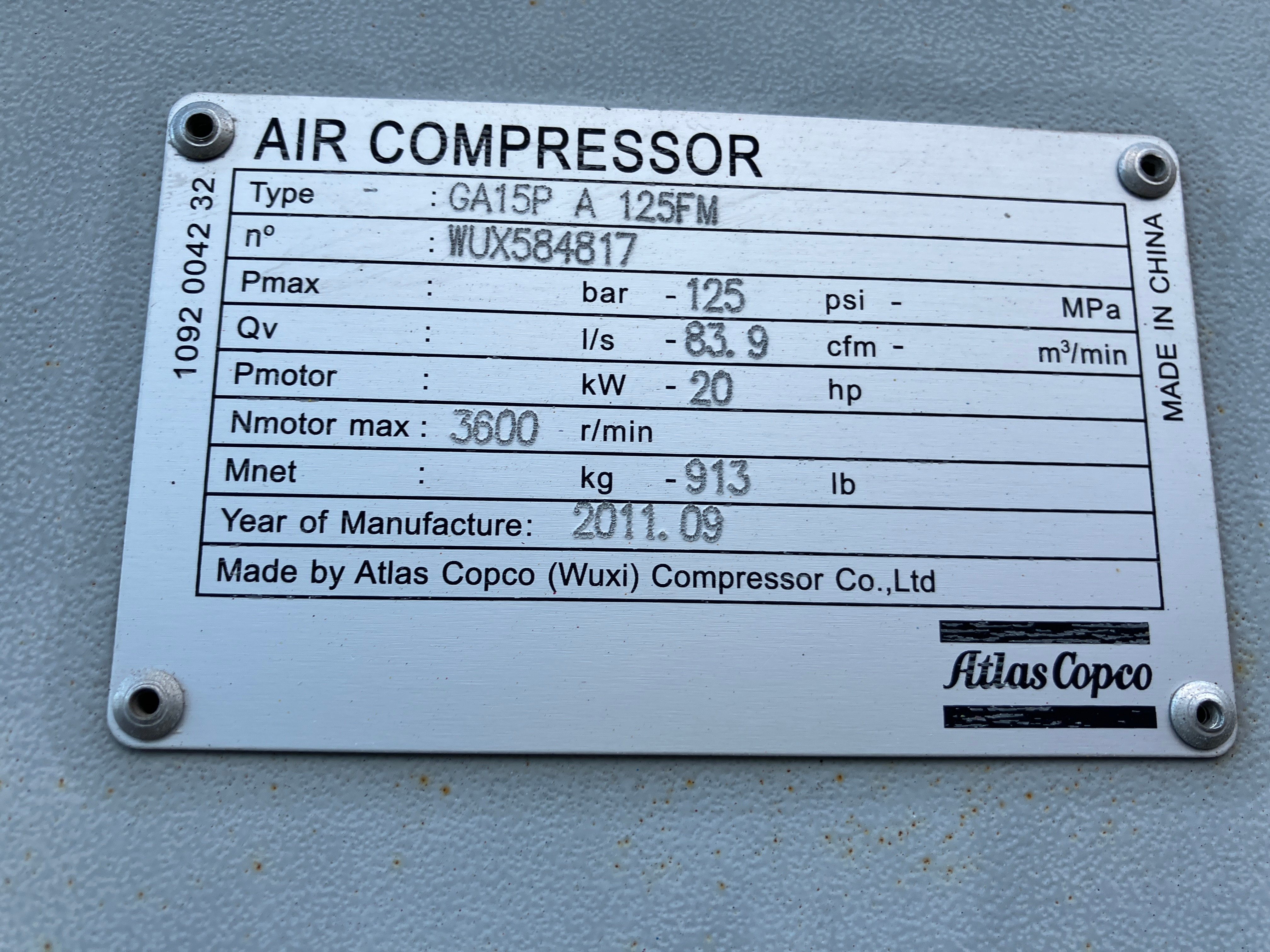 20 HP Atlas Copco #GA15, Air Compressor, S/N WUX584817, 2011 - Image 7