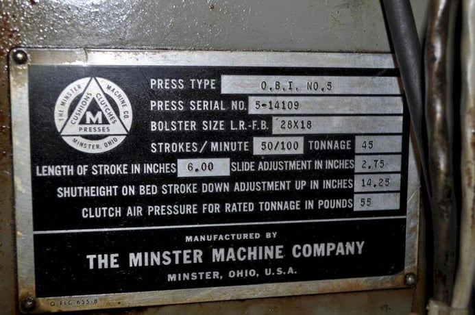 45 Ton, Minster #5, OBI press, 6" stroke, 14.25" Shut Height, 2.75"ram adj., 50/100 SPM, 28" x18"bed, air - Image 6