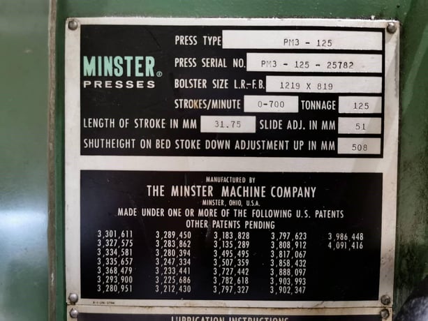 125 Ton, Minster #PM3-125-48, straight side double crank, 1.2" stroke, 20" Shut Height, 700 SPM, variable - Image 4