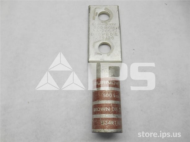 Burndy Type Ya-2n 2 Hole Long Barrel Lug Unused Surplus 500 Kcmil Cu, 1/2 Inch Hole, 1-3/4 Inch Stud Hole - Image 1