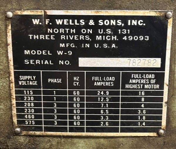 9" x 18" W.f. Wells #W-9, horizontal band saw, 1" x .035" x 11' 6" blade, 60-300 FPM, twin post, coolant - Image 4