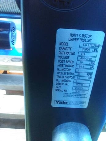 10 Ton, Yale, Hoist 20 FPM, Trolley 80 FPM, 460 V., YK Series, new - Image 2
