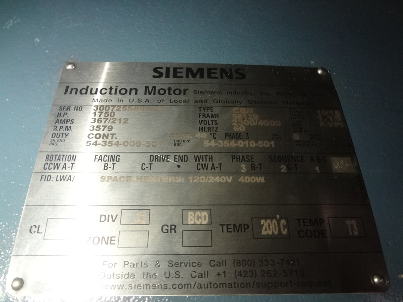 1750 HP 3580 RPM Siemens, Frame 5812S, weather protected enclosure type 2 SB, new, 2300/4000 Volts - Image 4