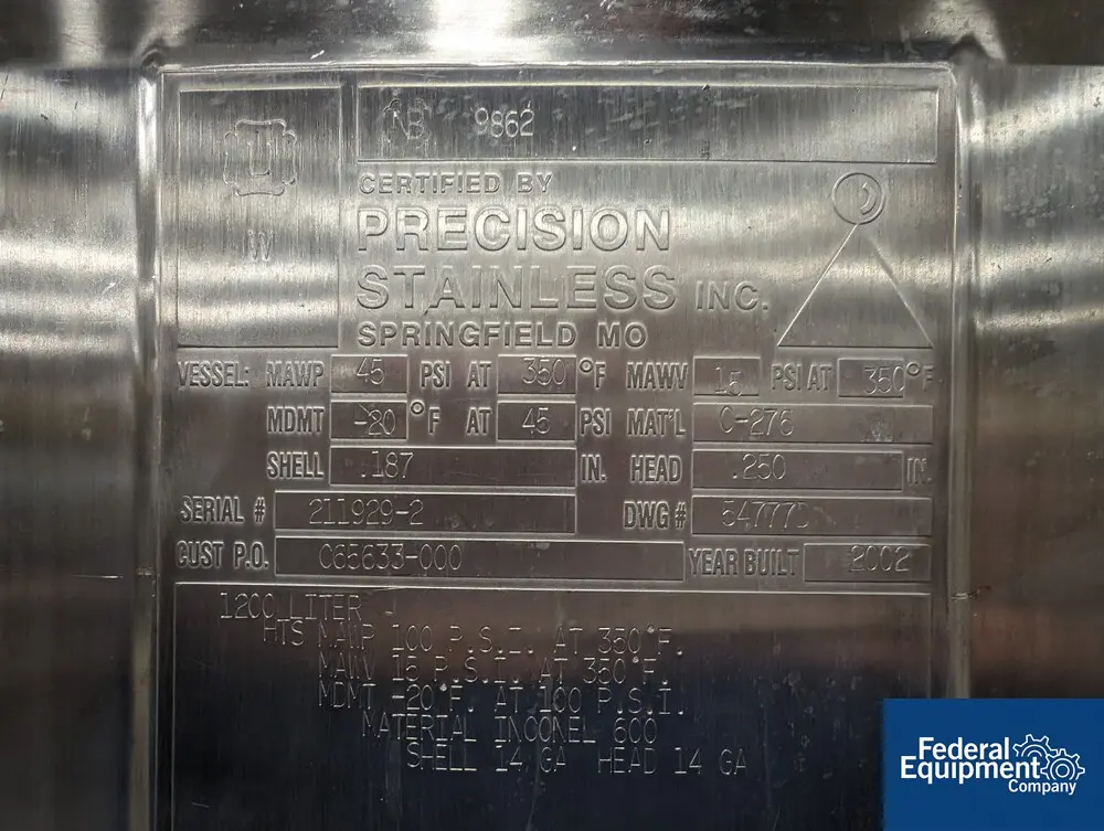 317 gallon Precision Stainless Reactor, Hastelloy C276, 52" dia x 33" straight side, 45 psi @ 350°F - Image 2