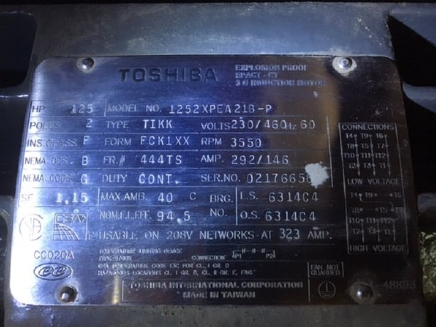 125 HP 3600 RPM Toshiba, Frame 444TS, dual lbl, 1.15 service factor, new, 460 Volts - Image 1