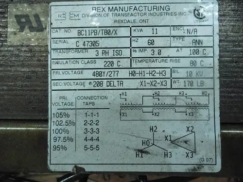 11 KVA 480/277 Primary, 208 Delta Secondary, Rex BC11PB/T800/X, type ANN isolation, 1 year warranty - Image 7