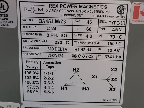 45 KVA 600 Primary, 208Y/120 Secondary, Rex Power Magnetics, isolation transformer, dry, new - Image 2