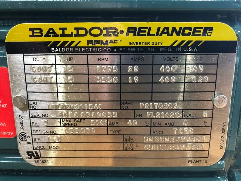15 HP 1775 RPM Baldor IDFRPM21154C, Frame FL2162CZ, continuous duty, 460 Volts, new - Image 2