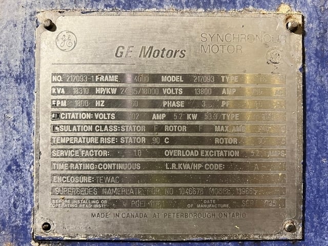 24135 HP 1800 RPM General Electric 217093, Frame 4000, TEWAC, continuous duty, 13800 Volts, 1995 - Image 2