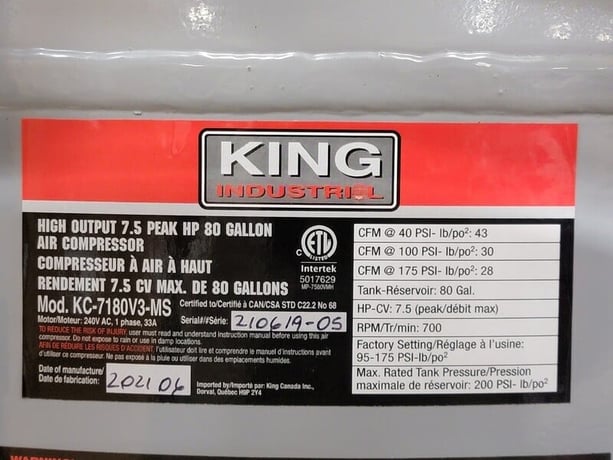 28 cfm, 175 psi, King Canada #KC-7180V3-MS, High Output 7.5 Peak HP, 80 gallon air compressor, new - Image 7