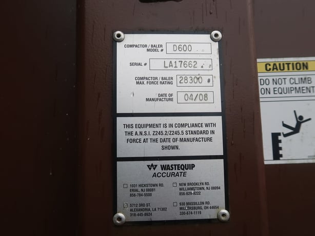 Wastequip #D600, Baler Compactor, 28300 lb. max force rating, S/N LA17662, 2008 - Image 5