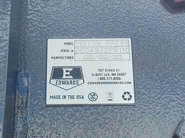 110 Ton, Edwards, shop press, 12.25" stroke, 4" cylinder, 37-7/16" x 48" bed, 2022 - Image 2