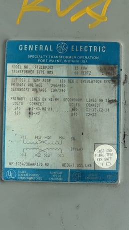 15 KVA 480 Primary, 240/120 Secondary, General Electric, with taps - Image 2