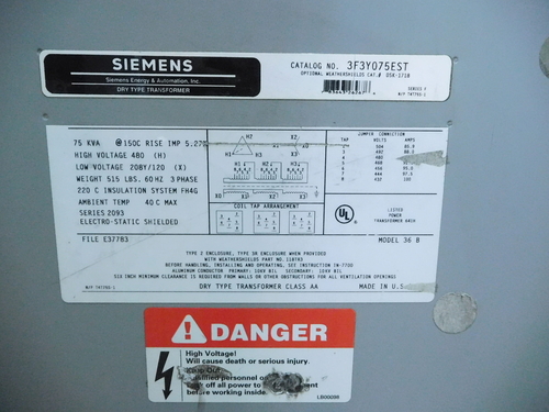 75 KVA 480 Primary, 208Y/120 Secondary, Siemens 3F3Y075EST, class AA, 1 yr warranty - Image 3