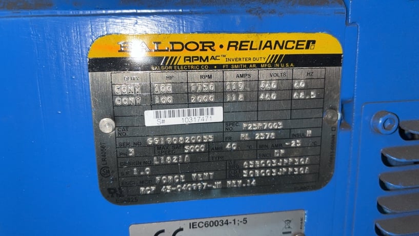 100 HP 1750 RPM Baldor, Frame RL2578, DP, 1.0 service factor, (2 available) - Image 2
