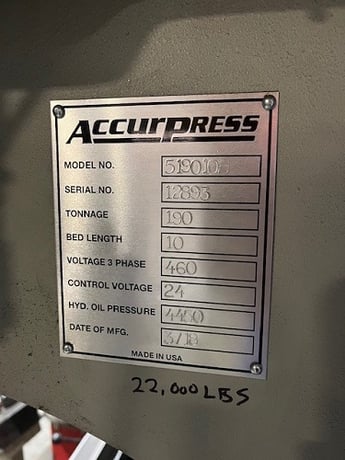 190 Ton, Accurpress #519010, press brake, 4-Axis, Beckhoff CX5020 Control, 10' overall, 2018 - Image 2