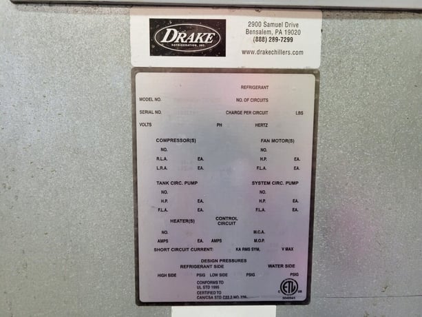 Drake #PWC440D6-T5-SMM, Water Cooled Chiller, Dual Circuit Semi-Hermetic, 440000 BTUH, R404A, 254 psig high - Image 2
