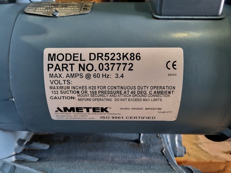 84 scfm, Ametek #DR523K86, Regenerative Blower, Centrifugal, 3 HP, 3450 RPM, 375 V. - Image 2