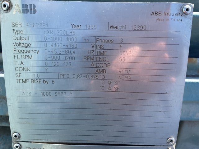 1000 HP 1200 RPM ABB, Frame 500L, TEFC BB, 4160 Volts (2 available) - Image 2