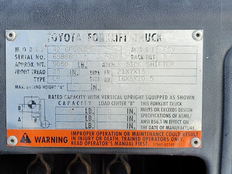 5000 lb. Toyota #42-6FGCU25, Forklift, 189" lift height, 42" Fork Length, 83" Mast lowered height, 3 Mast - Image 2