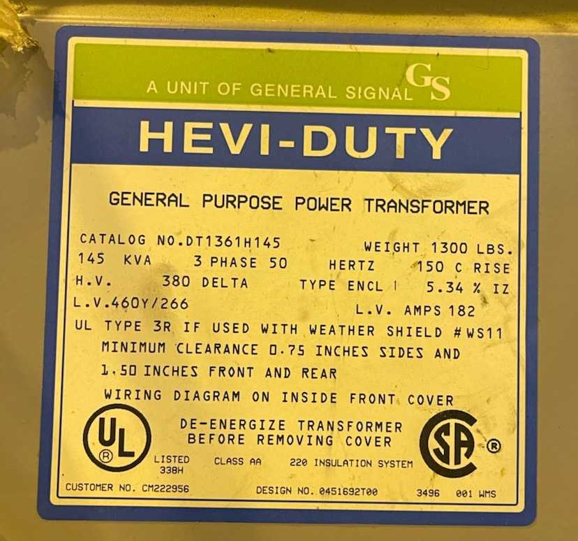145 KVA 380 Primary, 460Y/266 Secondary, Hevi-Duty 3 phase transformer, 50 hz - Image 1