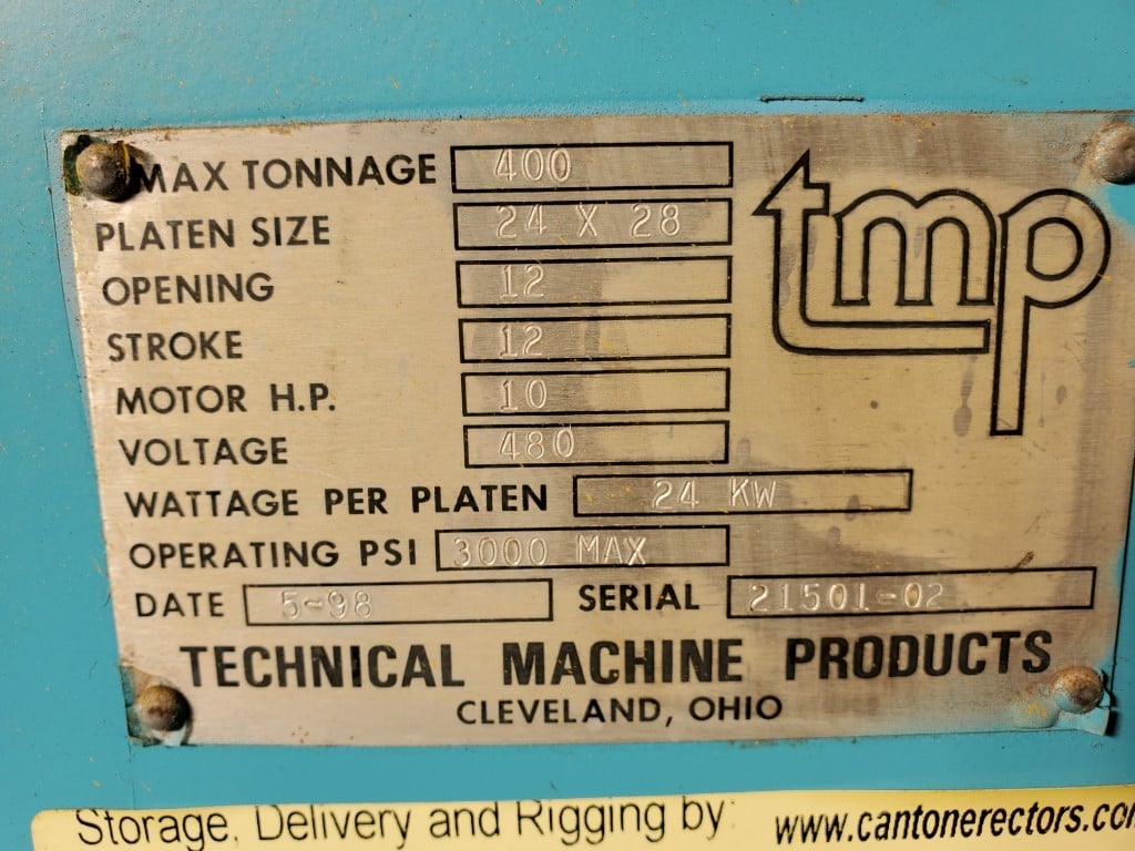400 Ton, French Oil TMP, hydraulic press, 6 stroke, 12" DL, 24" x28", electric platen - Image 6