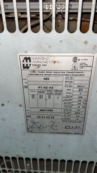 27 KVA 460 Primary, 460Y/265 Secondary, Hammond, w/taps - Image 2