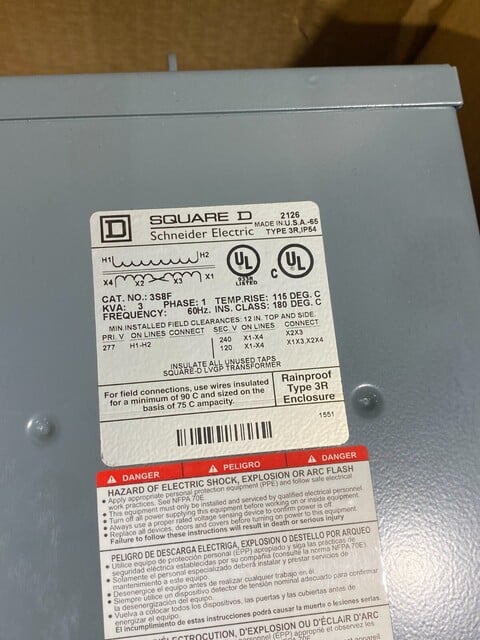 3 KVA 277 Primary, 120/240 Secondary, Square D #3S8F, 10 amps., 1-phase, NEMA 3R - Image 2