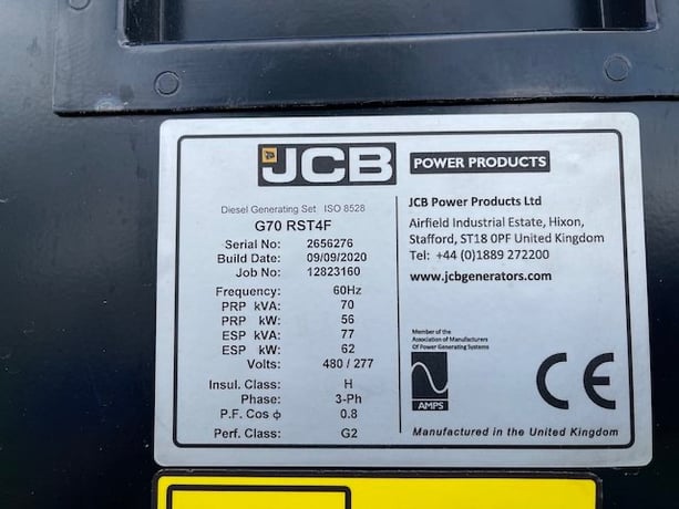 62 KW JCB #G70RS, diesel trailer mounted, Tier 4F, sound attenuated enclosure, 120/240/208/277/480 Volts - Image 7