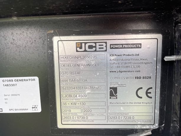 62 KW JCB #G70RS, diesel trailer mounted, Tier 4F, sound attenuated enclosure, 120/240/208/277/480 Volts - Image 8