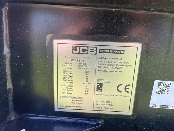 62 KW JCB #G70RS, diesel trailer mounted, Tier 4F, sound attenuated enclosure, 120/240/208/277/480 Volts, 586 - Image 7