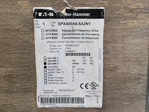 400 HP Cutler-Hammer, SPX400A0-5A2N1, Adjustable Frequency Drive 525-690 Volts - Image 2