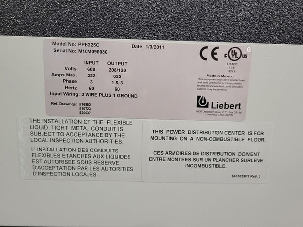 300 Amps, Liebert, PPB225C, Power Distribution Center Unit w/Transformer, 225 kVA, 600 V, 3 phase, 2011 - Image 2