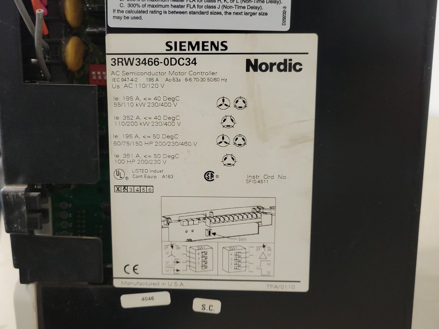 150 HP Siemens, 3RW3466-0DC34, Sikostart AC Semiconductor Motor Controller, 195 Amps, 460 V, 3 phase - Image 3