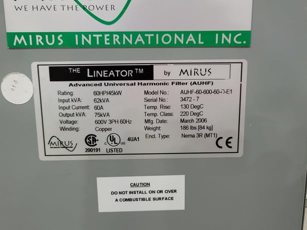 Mirus #AUHF-60-600-60-D-E1, Harmonic Filter, 600 V, 60 HP, 62 kVA, 60 Amps, 3 phase, 2006 - Image 2