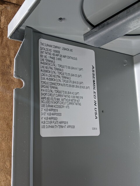 400 Amps, Durham Company Meter Socket Box, 1PH 600V 3W 320A Continuous Lever Bypass - Image 8
