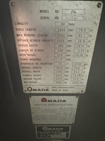 55 Ton, Amada #RG-50, CNC press brake, 6' overall, 59.84" between housing, 3.93" stroke, 15.75" throat - Image 4