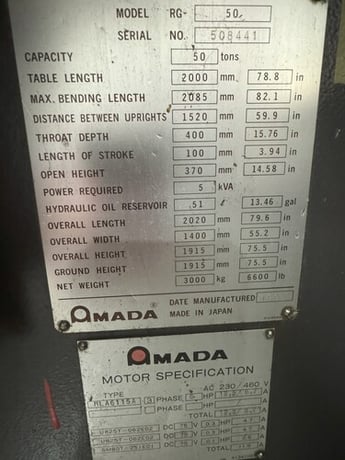 55 Ton, Amada #RG-50, CNC press brake, 6' overall, 59.84" between housing, 3.93" stroke, 15.75" throat - Image 6