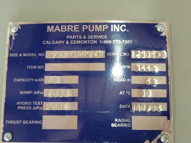 165 GPM, Mabre Pump #WPV-R, Centrifugal Process Pump, 53 m head, 3550 RPM, 275 psi, 2" x 3" x 9", 2006 - Image 2