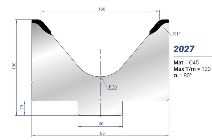 31.7" L x 5.12" H, Eurostamp #2027, 80 Degree Single V Die, 6.3" V, Bottom Die, Flame Hardened - Image 1