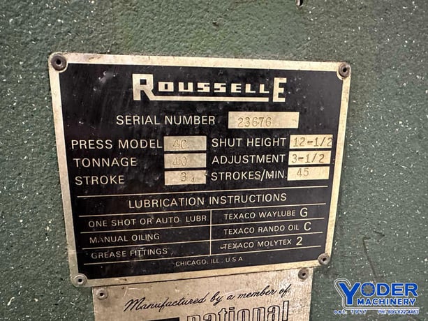 40 Ton, Rousselle #4G, back geared press, 3" stroke, 13" Shut Height, air clutch & brake, 5 HP, 45 SPM - Image 9