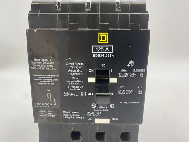125 Amps, Square D, EDB34125SA, Bolt-On Circuit Breaker, 480 Volts 3P 3PH EDB Shunt Trip 120V - Image 2